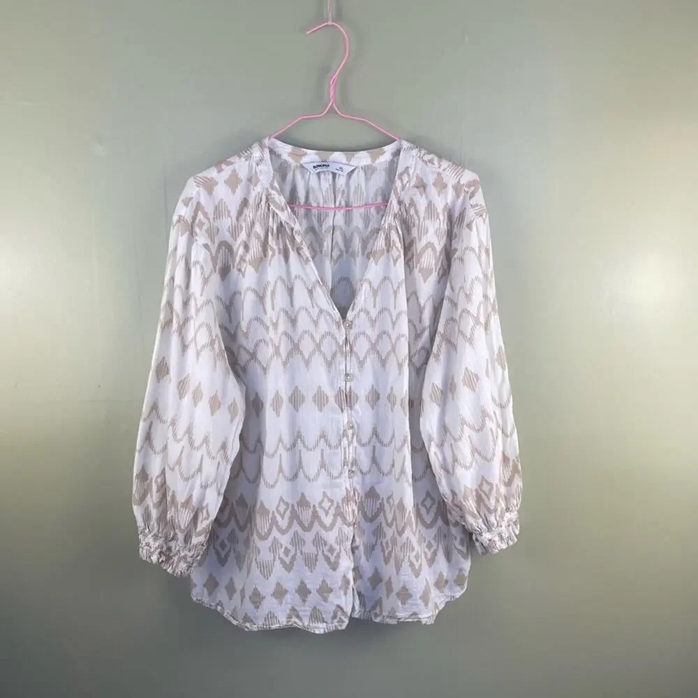 Sonoma printed gauze v-neck button down blouse - Picture 1 of 6